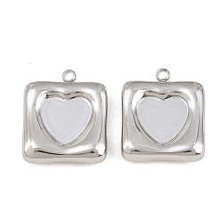 Stainless Steel Color 304 Stainless Steel Pendant Cabochon Settings, Square with Heart Charms, Stainless Steel Color, 19.5x17x5mm, Hole: 1.8mm, Tray Size: 10.5x10.5mm