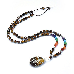 Тигровый глаз Чакра ювелирные изделия йога, Ожерелья с натуральным тигровым ожерельем, с находками из натурального / синтетического смешанного камня и латуни, слезинка с дерева, 23.62 дюйм (60 см)