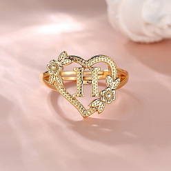 Letter H Сердце с цветком полые латунные перстни, золотые, Письмо ч, внутренний диаметр: 17 мм