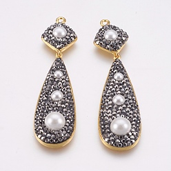 Золотой Латунные большие кулоны, с полимерной глины горный хрусталь и жемчуг, слеза, золотые, 63 мм, Кулон : 48x16x6 мм, отверстие : 1.5 мм