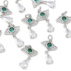 Platino Colgantes de latón con circonitas cúbicas de Shegrace, dijes de ojo con lágrima, sin cadmio, plomo, níquel, verde lima, Platino, 16.5x10.5x3 mm, agujero: 2.5 mm