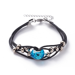Deep Sky Blue Cowhide Leather Cord Multi-strand Bracelets, with Glass European Beads, Brass Spacer Beads, Iron Ribbon Ends and 304 Stainless Steel Lobster Claw Clasps, Deep Sky Blue, 7-1/2 inch(19cm), 6~16mm