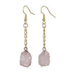 Rose Quartz Nuggets Natural Rose Quartz Dangle Earrings, Golden Iron Chains Tassel Earrings, 63x12mm