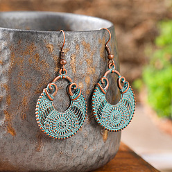 Антично-бронзовый и Голубо-патиновый Полые серьги-подвески из сплава в этническом стиле, плоско-круглые, античная бронза и синяя патина, 50x28 мм