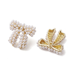Real 18K Gold Plated Bowknot Brass Stud Earrings, with Plastic Pearl, Long-Lasting Plated, Lead Free & Cadmium Free, Real 18K Gold Plated, 20x21.5mm