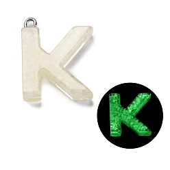 Letter K Светящиеся подвески смолы, светится в темноте, с платиновым покрытием петли, буквы, Письмо K, 23.5x19x5 мм, отверстие : 1.8 мм