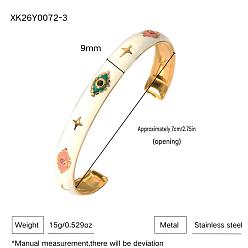 Evil Eye 304 Stainless Steel Enamel Cuff Bangles with Rhinestone, Real 18K Gold Plated, Colorful, Evil Eye, Inner Diameter: 2.76 inch(7cm)