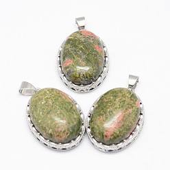 Унакит Природные подвески Unakite, с латунной фурнитурой , овальные, платина, 30x21x10~11 мм, отверстие : 6x4 мм