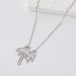 Plata 304 Collares con colgante de árbol de coco calado de acero inoxidable para mujer, plata, 15.75 pulgada (40 cm)