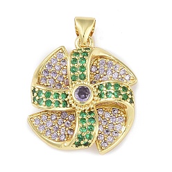 Green Rack Plating Brass Micro Pave Cubic Zirconia Pendants, Long-Lasting Plated, Lead Free & Cadmium Free, Real 18K Gold Plated, Winnower, Green, 21.5x20x6mm, Hole: 3.5x3mm
