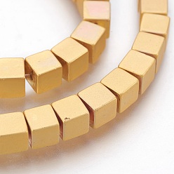 Golden Plated Electroplated Non-magnetic Synthetic Hematite Bead Strand, Cube, Matte Style, Golden Plated, 4.5x4.5x4.5mm, Hole: 1mm, about 99pcs/strand, 16.33 inch(41.5cm)