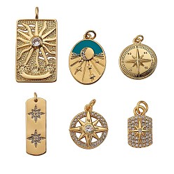 Golden 6Pcs 6 Style Brass Micro Pave Cubic Zirconia Pendants, Mixed Shapes, Golden, 1pc/style