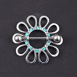 Цветок 316l Кольца для сосков из хирургической нержавеющей стали с аквамариновыми стразами, цвет нержавеющей стали, цветок, Длина стержня: 16мм, штифты : 1.6 мм
