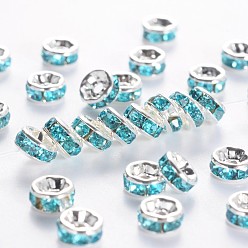 Aquamarine Brass Grade A Rhinestone Spacer Beads, Silver Color Plated, Nickel Free, Aquamarine, 5x2.5mm, Hole: 1mm