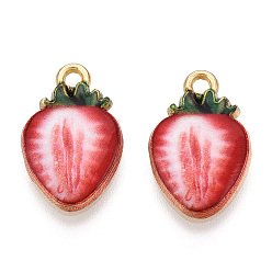 Crimson Printed Alloy Pendants, Lead Free & Cadmium Free & Nickel Free, Strawberry Charm, Light Gold, Crimson, 17x10.5x2.5mm, Hole: 1.8mm