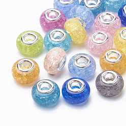 Mixed Color Crackle Resin European Beads, Large Hole Beads, with Silver Color Plated Brass Cores, Rondelle, Mixed Color, 13.5~14x8.5~9mm, Hole: 5mm
