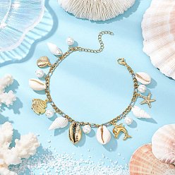 Золотой Браслеты на ногу с подвесками в виде дельфина и морской звезды из натуральной ракушки каури и латуни, лето 304 нержавеющая сталь figaro цепи браслеты на ногу для женщин, золотые, 8-7/8 дюйм (22.5 см)