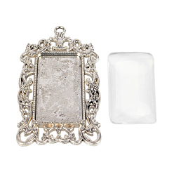 Antique Silver DIY Pendant Making, Tibetan Style Alloy Pendant Cabochon Bezel Settings, with Glass Rectangle Cabochons, Antique Silver, 67x35x3mm, Hole: 3mm, Glass: 19x38x6.5mm, 2pcs/set