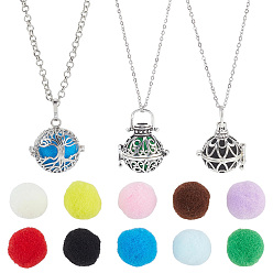Platinum 1Pc Brass Hollow Tree of Life Essential Oil Diffuser Bead Cage Pendant Iron Chain Necklaces, with 2Pcs 304 Stainless Steel Cable Chain Necklaces, and 2Pcs 2 Styles Brass Hollow Bead Cage Pendants, Platinum, 17.7~31.61 inch(45~80.3cm)