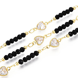 Черный Латунные цепочки в форме сердца из кубического циркония, с кристаллом, пайки, с катушкой, золотые, чёрные, 20x3x3 мм, около 16.40 футов (5 м) / рулон