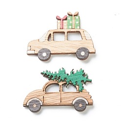 Colorful Christmas Theme Wood Pendant Decorations, with Self Adhesive Dots, Car with Gift & Leaf, Colorful, 30~34x44.5~45x4mm, 12pcs/box