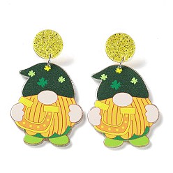 Gold Saint Patrick's Day Sparkling Acrylic Dangle Stud Earrings, Gnome, Gold, 61x34.5mm