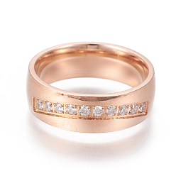 Розовое Золото 304 палец кольца из нержавеющей стали, с кубического циркония, широкая полоса кольца, прозрачные, розовое золото , Размер 6~9, 16~19 мм