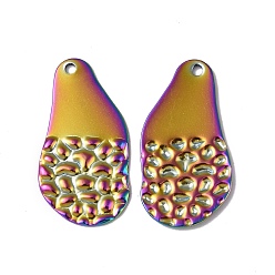 Rainbow Color Ion Plating(IP) 304 Stainless Steel Pendants, Textured, Teardrop Charm, Rainbow Color, 30x16x1.5mm, Hole: 1.6mm