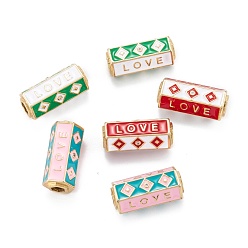 Mixed Color Real 18K Gold Plated Brass Micro Pave Clear Cubic Zirconia Tube Beads, with Enamel, Hexagonal Prism with Word Love, Mixed Color, 22x11x9.5mm, Hole: 4.5x4mm