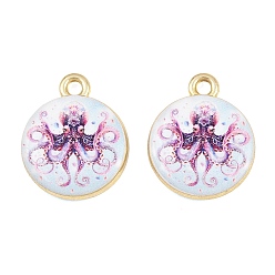 Medium Purple Ocean Theme Printed Alloy Pendants, Flat Round with Octopus Charms, Golden, Rack Plating, Medium Purple, 18x15x3.5mm, Hole: 1.8mm