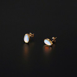 Real 18K Gold Plated Opalite Teardrop Stud Earrings, 304 Stainless Steel Earrings, Real 18K Gold Plated, 10x6.5mm