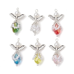 (52) Непрозрачная лаванда Подвески гальванизируйте стекла, ангел, с медной проволокой и бусинами из АБС-пластика, имитирующими жемчуг, и крылом из сплава, граненые, разноцветные, 40x23.5x15 мм, отверстие : 3 мм