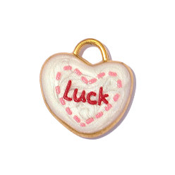 Белый 304 нержавеющей стальной эмали подвески, сердце со словом талисман удачи, реальный 18 k позолоченный, ионное покрытие (ip), долговечный, белые, 15x14 мм, отверстие: 3.30 мм