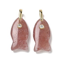 Strawberry Quartz Natural Strawberry Quartz Pendants, Fish Charms with Brass Micro Pave Clear Cubic Zirconia Findings, Golden, 27~27.5x13.5~14.5x7~7.5mm, Hole: 6.5x4.5mm