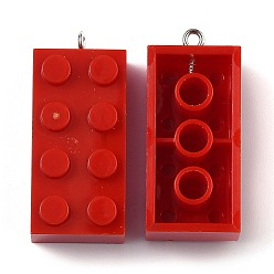 Red Opaque Acrylic Pendants, with Platinum Iron Loop, Long Rectangle Building Block Charms, Red, 36x16x11.5mm, Hole: 1.5mm
