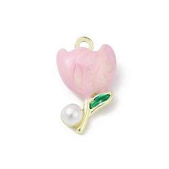 Pink Подвески из эмали и сплава, с abs имитационными жемчужными бусинами , стойки покрытие, без кадмия, без никеля и без свинца, цветочный шарм, золотые, розовые, 19x11.5x7 мм, отверстие : 1.6 мм