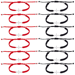 Rouge 12pcs 2 styles Bracelets tressés en fil de polyester ajustables pour femmes et hommes, avec breloques en alliage en forme de croix, rouge, diamètre intérieur: 1-3/4~4 pouce (4.5~10 cm), 6 pcs / style