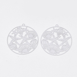 Платина Латунные подвески, гравированные металлические украшения, долговечный, Тема океана, плоский раунд с морскими звездами / морскими звездами и ракушкой, платина, 42.5x40x0.3 мм, отверстие : 1.8 мм