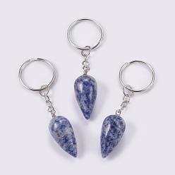 Blue Spot Jasper Natural Blue Spot Jasper Keychain, with Iron Key Rings, Platinum, teardrop, 80.5mm, Pendant: 33.5x15.5mm