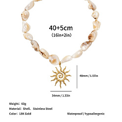 Sun Ocean 304 Stainless Steel Pendant Natural Shell Nuggets Beaded Necklaces for Women, Real 18K Gold Plated, Seashell Color, Sun, 16.54 inch(42cm), pendant: 40x34mm
