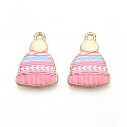 Pink Подвески из сплава с принтом на зимнюю тематику, без свинца, без кадмии и без никеля, шляпные прелести, золотые, розовые, 18x13x2 мм, отверстие : 1.6 мм