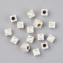 Golden Plated PVD Vacuum Plating Acrylic Beads, Opaque, Cube with Mixed Shaped, White, Golden Plated, 6x6x6mm, Hole: 3mm, 1751pcs/302g
