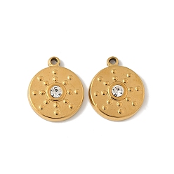 Настоящее золото 18K 304 из нержавеющей стали горный хрусталь подвески, плоско-круглые, ионное покрытие (ip), реальный 18 k позолоченный, 19x16x3.5 мм, отверстие : 1.5 мм