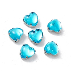 Cyan Heart Sew On Rhinestones, Smooth Face Taiwan Acrylic Rhinestone, Multi-Strand Links, with Platinum Tone Brass Prong Settings, Cyan, 10x10x7mm, Hole: 1mm