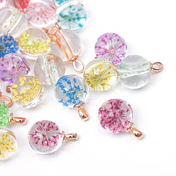 Light Gold Круглые литые стеклянные подвески, без кадмия и без свинца, с сухих цветов внутри, розовое золото , 22~23x15 мм, отверстие : 4.5x2.5 мм