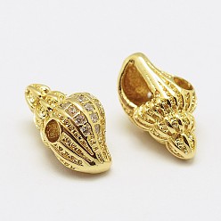 Настоящее золото 18K Латунная микропрофилированная ааа кубический диоксид циркония, раковина, без кадмия, без никеля и без свинца, реальный 18 k позолоченный, 13x7x6.8 мм, отверстие : 2 мм