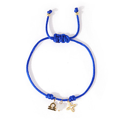 Синий 304 Браслеты из нержавеющей стали, латуни и натуральных ракушек с подвесками, плетеные браслеты из полиэфирного шнура для женщин, крест, сердце и созвездие, Весы, синие, 11.02 дюйм (28 см)