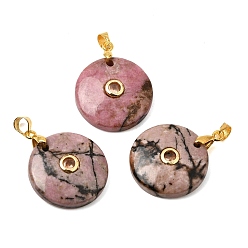 Rhodonite Natural Rhodonite Pendants, Coin Charms with Brass Pave Cubic Zirconia Findings, Golden, 27x21x5mm, Hole: 4x3.5mm