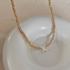 Letter X Подвеска с инициалом из натуральной ракушки, ожерелья с подвеской из стеклянных бусин, с латунными концевыми цепями, золотые, темно-золотистые, Письмо X, 13.98 дюйм (35.5 см)