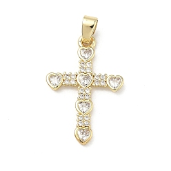 Настоящее золото 16K Латунные микропаве прозрачные подвески с фианитом, крестик с сердечками, реальный 16 k позолоченный, 27.5x18.5x2.5 мм, отверстие : 4.5x3.5 мм